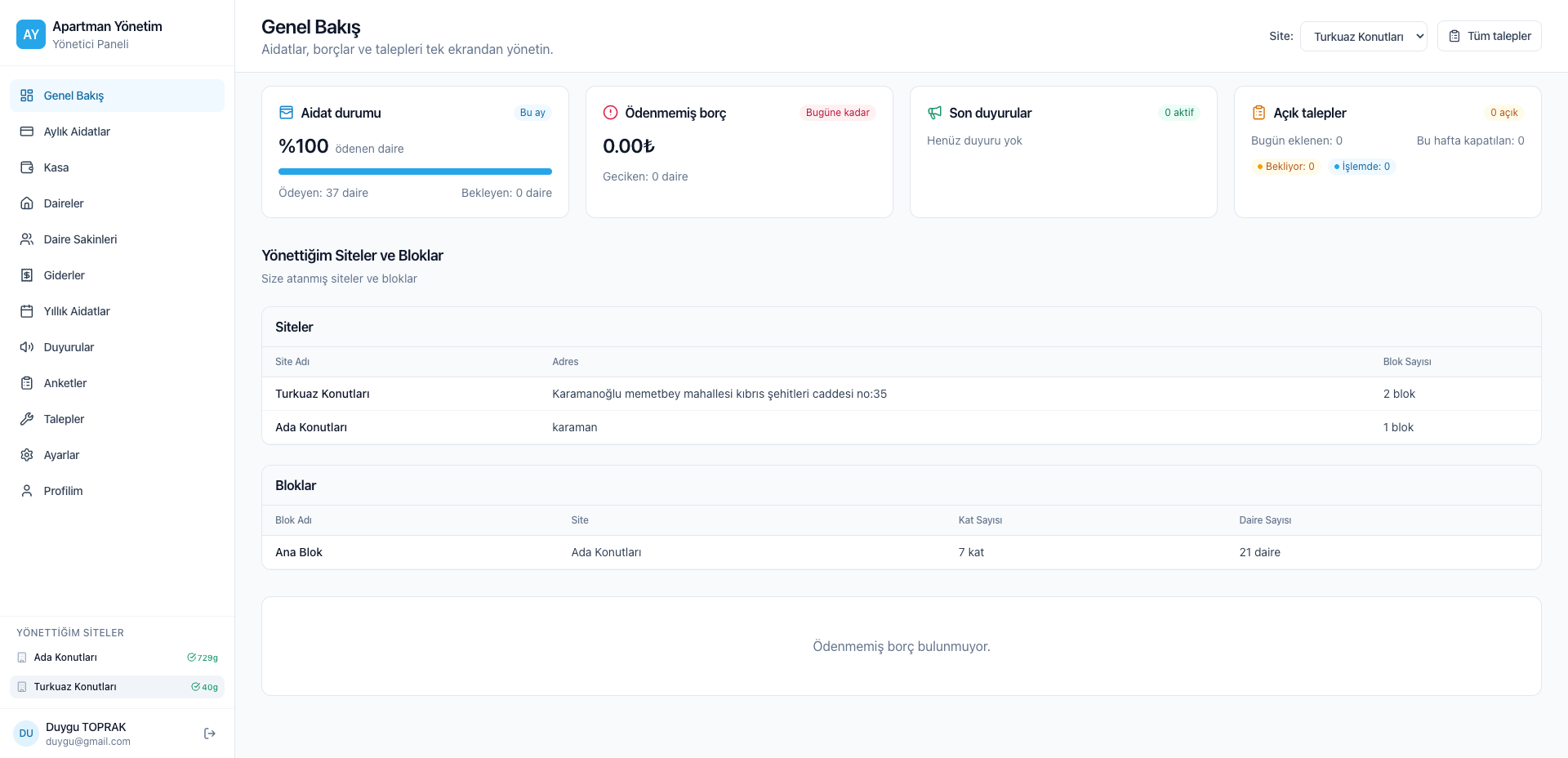 Yönetici Dashboard - Apartman Yönetim Sistemi